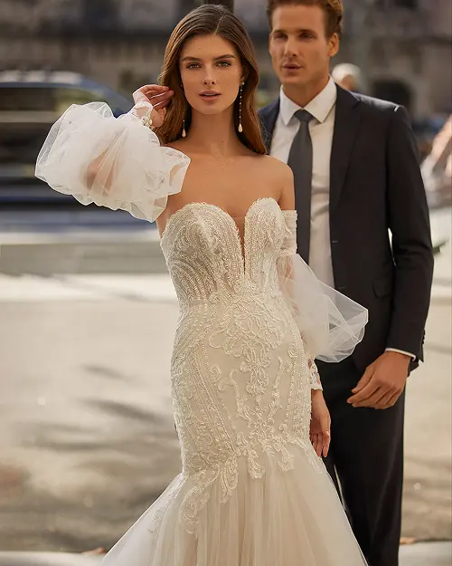 noiva usando vestido estilo sereia